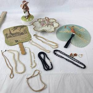 lot 9123 image: Vintage Paper Fans, Trinket Dish and Pearls