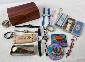lot 9125 image: Lane Cedar Box, Lot of Nice Watches, Bracelet and 1983, 1984 International Balloon Fiesta