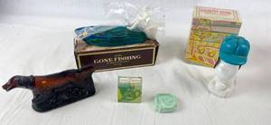 lot 9126 image: Vintage AVON After Shave Bottles - Gone Fishing, Snoopy & Sounds of Christmas mini Soap, all w Original Boxes