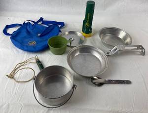 lot 9127 image: Girl Scouts Bag w Pots n Pans, Silverware, Knife, Flashlight