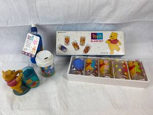 lot 9137 image: Disney - Pooh Drinking Glass Set, Pooh Sports Bottle w Tag, Sippy Cup, Tooth Brush Holder