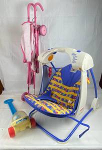 lot 9151 image: Fisher Price Toy and Pooh Bouncy Baby Swing Chair, & Stroller