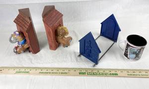 lot 9232 image: Elephant & Lion Bookends, Pillsbury Dough Boy Bookends, Coffee Cup