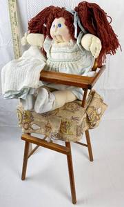 lot 9245 image: Vintage Doll High Chair w Cabbage Patch Doll and Homemade Clothes