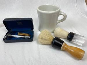 lot 9255 image: Mens GEM Shaving Razor, Coffee Cup and 2 Shaving Brushes, 1 Wood Handles