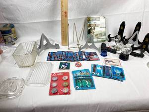 lot 9256 image: Lot of Misc. - Plate Stands, ET Cards, Scene it Game, Baseball Cards, Disney Buttons, Glass Containers
