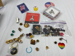 lot 9260 image: Lot of Button, Tie Clasp, Pin, Disney Pins, 50th Key Chain  WOW  See Pics