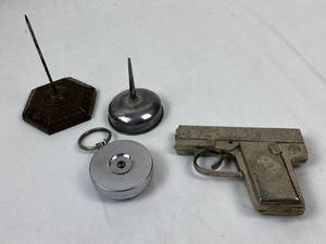 lot 9263 image: Vintage Hubley Dick Cap Gun w Eagle Head Grips and Vintage Old Black Cast Iron Store Paper Receipt, Spike Holder & More