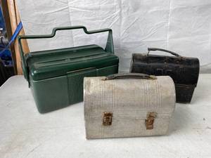 lot 6035 image: Lot of 2 Vintage Metal Tin Dome Lunch Boxes and Plastic Lunch Box