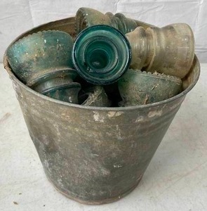 lot 6046 image: Lot of Vintage Telephone Insulators &amp Tin Metal Bucket - Rare ones in here