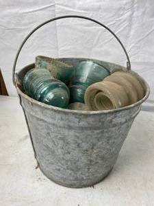 lot 6047 image: Lot of Vintage Telephone Insulators &amp Tin Metal Bucket - The HTF ones are here