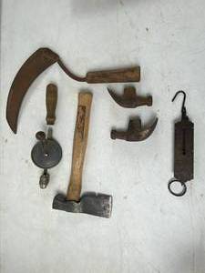 lot 6052 image: Lot of Vintage Tools, Hand Scale, Sickle, Hand Drill &amp More