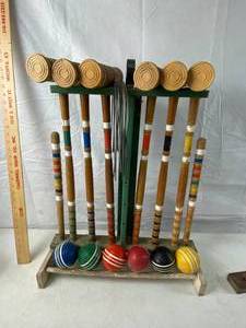 lot 6037 image: Vintage Wood Croquet Set, Yard Game