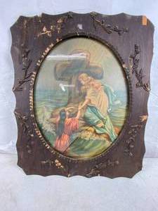 lot 6093 image: Vintage Wood Framed Cross Picture - Beautiful Very Fragile - See all pics