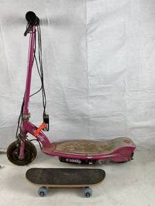 lot 6101 image: Razor E100 Electric Scooter w charger, and Skate Board