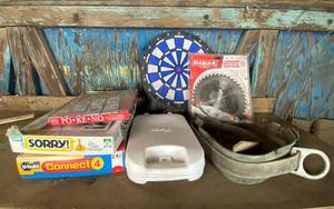 lot 6127 image: Lot of family fun Games, Utility Belt, Dart Board and Diablo Saw Blade - see pics