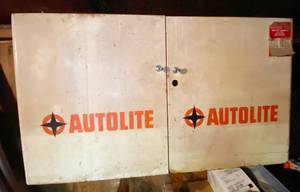 lot 6134 image: Vintage Automotive Product Cabinet AUTOLITE See pics for measurements w contents