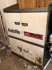 lot 6160 image: Vintage Autolite - Automotive Parts Storage Cabinet w contents - see pics for measurements