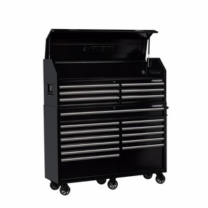lot 99 image: Husky 61 in. W 18-Drawer Combination Tool Chest and Rolling Cabinet Set in Gloss Black