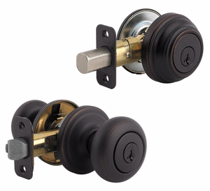 lot 174 image: Kwikset 991 Juno Keyed Door Knob and Sgl Cyl Deadbolt Combo Pack in Venetian Bronze