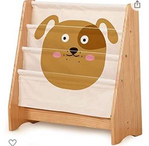lot 9001 image: KRAND Storage Bookshelf for Kids 100% Pine Solid Wood Kid Bookcase Children Sling Book Rack with Stationery Pocket (Doggie)