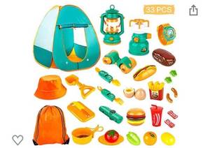 lot 9002 image: KAQINU 33 PCS Kids Camping Set, Pop Up Play Tent with Kids Camping Gear Toys, Indoor and Outdoor Camping Tools Pretend Play Set for Toddler Boys & Girls
