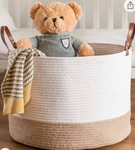 lot 9013 image: CHLO  KAI Woven Rope Storage Basket (20� x 13�) for Nursery, Laundry and Living Room. Pillows, Toys, Plant and Blanket Basket � Extra Large Coiled Cotton Basket with Leather Handle (WhiteBeige)