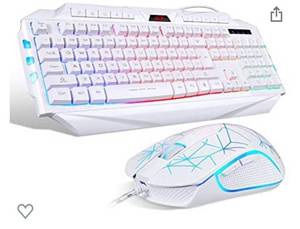lot 9022 image: White Gaming Keyboard and Mouse Combo,MageGee GK710 Wired Backlit Keyboard and White Gaming Mouse Combo,PC Keyboard and Adjustable DPI Mouse for PCloptopMAC