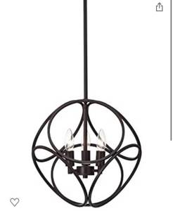 lot 9039 image: Chandelier Light Fixture, 3-Lights 14-inch Oil Rubbed Bronze Metal Geometric Openframe Adjustable Hanging Stems, Pendant Lighting for Kitchen Island