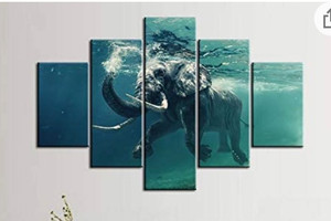 lot 9067 image: Large 5 Piece Canvas Wall Art - Swimming Elephant Underwater. African Elephant in Ocean with Mirrors and Ripples at Water Surface- Modern Home Decor Stretched and Framed Ready to Hang - 60W x 40H
