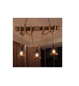 lot 19002 image: LITFAD Industrial Vintage Chandelier Birdcage Island Light 3 Lights Pendant Light Lantern Style with Rope Cage Frame, Wood Decoration Ceiling Hanging Light for Cafe Bar Restaurant - 39