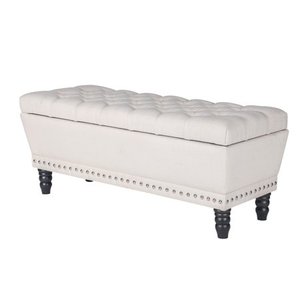 lot 19008 image: Homebeez Button Tufted Trapezoid Ottoman Bench, Beige