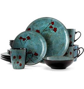 lot 17009 image: Elama Round Stoneware Floral Dinnerware Dish Set, 16 Piece, Blue with Red Accents