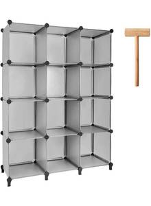 lot 17042 image: Gold Armour Cube Storage 12-Cube Bookshelf Closet Organizer Storage Shelves Cubes Organizer Plastic Square Book Shelf Bookcase DIY Closet Cabinet Organizer Shelving for Home Office Bedroom (Grey) 12D x 37W x 49H