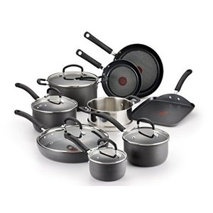lot 2068 image: T-fal E765SE Ultimate Hard Anodized Scratch Resistant Titanium Nonstick Thermo-Spot Heat Indicator Anti-Warp Base Dishwasher Safe Oven Safe PFOA Free Cookware Set, 14-Piece, Gray