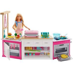 lot 2070 image: Barbie Kitchen Playset with Doll, Lights & Sounds, Food Molds, 5 Dough Colors and 20 Accessories Amazon Exclusive , Pink