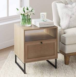 lot 2083 image: Nathan James Mina Side, End Table Wood Finish & Matte Accents with Storage for Living Room or Nightstand for Bedroom, Natural Oak