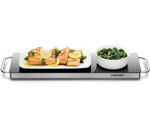 lot 2106 image: Chefman Long Electric Warming Plate Heating Element, Prep Food for Parties, Stainless Steel Frame & Tempered Glass Surface, Buffet at Home, for Trays & Dishes, Cool-Touch Handles, Black, 23.8 x 8.6