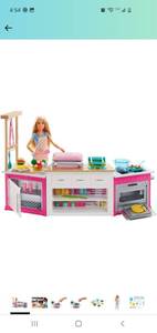 lot 2109 image: Barbie Kitchen Playset with Doll, Lights & Sounds, Food Molds, 5 Dough Colors and 20 Accessories Amazon Exclusive , Pink
