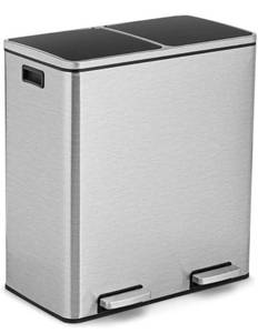lot 18030 image: Goplus Dual Trash Can, 60 Liter (2x30L) 16 Gallon Stainless Steel Step Trash Can, Rectangular Garbage Bin with Inner Buckets and Hinged Lids, Suit for Kitchen Office Home Use