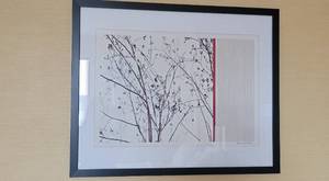 lot 7 image: Trees Themed Janet Van Arsdale Framed Artwork and a Simple Red Curved Home Decor Accent Piece