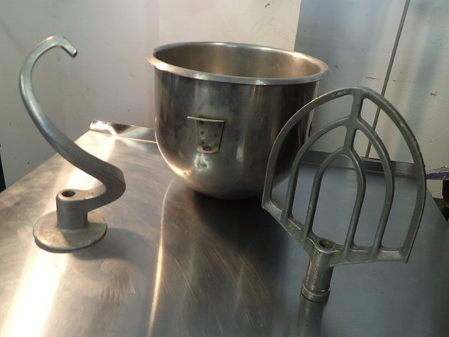 lot 159 image: 20 Quart Stainless Steel Mixing Bowl with Dough Hook and Flat Beater