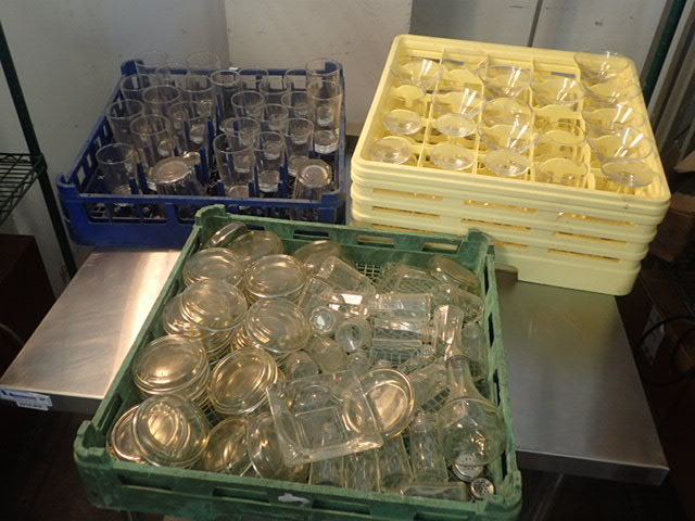 lot 173 image: (3) GlassDish Racks, Including Glassware, Salt  Pepper Shakers and Ashtrays
