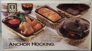 lot 5 image: Anchor Hocking Basket Buffet 13 Pc Set Casserole, Loaf, Custard Cups Sq. Baking