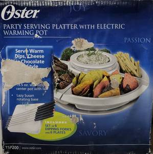lot 41 image: Oster Tsp200 Party Serving Platter W Electric Warming Pot Fondue Black, Includes Set of 6 Shipping Forks and 6 Plates