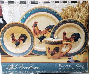 lot 83 image: Noble ExcellenceRooster Cafe,16 Piece Dinnerware Set, (4 Each), 1034 Dinner Plates, 812 Dessert Plates, 734 Bowls & 16 Oz. Mugs