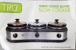 lot 84 image: TRU3 Three Crock Buffet Slow Cooker, Includes Removable Chrome Lid Rest, (Still wrapped. Shown in photo.), (BRAND NEW, was still in box. Box was damaged, Slow Cooker is fine)