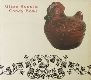 lot 97 image: Cracker Barrel, Red Glass Rooster Candy Bowl, 6H & 7L
