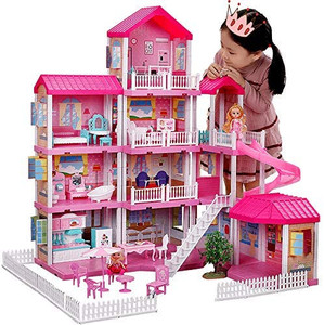 lot 49284 image: Large Doll House, 4-Layer, DIY Doll House with Slide (325, Pink)