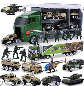 lot 49296 image: Army Toys, 10 in 1 Mini Military Truck and Helicopter Toys in Carrier Truck